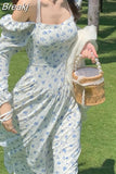Floral Midi Dress Woman Beach Sexy One Piece Dress Korean Fashion Casual 2023 Summer Long Sleeve Evening Party