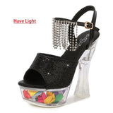 14CM Thick Heel Shoe LED Luminous Transparent Platform Diamond Tassels Sandals For Women Light Up Glowing Pole Dance