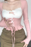 Lace Crop Tops Woman Design Sweet Long Seleeve Blouse Slim Casual Vintage Y2k Clothing Korean Fashion Female 2023