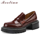 Genuine Leather Women Loafers Shoes Platform Thick Heels Pumps Round Toe High Heel Ladies Footwear 2022 Spring Wine