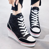 Spring Autumn Women's Shoes Pink Black Silver Glitter Vulcanize Shoes Woman Platform Wedge Sneakers Casual Zapatos De
