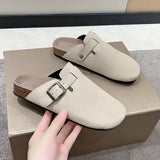 Breakj Head Slippers Female Couple Drag Wish Large Belt Buckle Decorated Roman Shoes Half Dragged Lazy Women Shoes