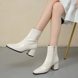 Dropshipping Autumn Women Fashion Square High Heels Zapatos De Mujer White Patent Leather Shoes Ankle Boots Black Woman