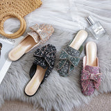 Crystal Ladies Slippers Mules Slides Slippers Women Shoes Bow Knot Square toe Square Flat Shoes Woman