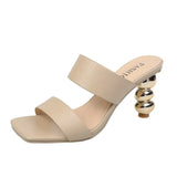 Design Metal Strange High Heels Summer Women Slipper Elegant Square Toe Slip-On Sliders Shoes Ladies Sandals Size