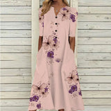 Women Vintage Floral Pattern Print Beach Dress Summer Fashion Short Sleeve A-Line Dress Elegant V-Neck Pocket Loose Long