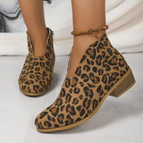 Breakj And Winter Leopard Tude Square Root Short Boots Side Zipper Round Head V Mouth Velvet Face Naked Boots