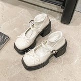 Breakj Spring New Thick-Soled Thick-Heeled Small Leather Shoes Women's Korean Version Of The Round Head Buttoned Bow Mary Jane Single