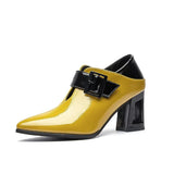 Gladiator High Heels Women Pumps Natural Buckle Fretwork High Heel Shoes Pointed Toe Shoes Lady Square Heel Casual Black