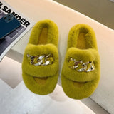 Fluffy Women slippers Gold Chain Fur slippers Shoes Women Fox Fur Flip Flop Flat Furry Fur Slides Outdoor Sandals