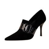 Breakj Women's Shoes High Heel Suede Sexy Nightclub Show Thin Snake Grain One Word Belt Belt Buckle Deep Mouth Single