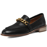 Genuine Leather Loafers Shoes Women Low Heels Chain Chunky Heel Pumps Round Toe Slip On Female Footwear Spring