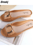 Ladies Sandals Summer Half Slippers Women's Fashion Square Buckle Casual Thick Heel Outer Wear Flat Sandals Slip on