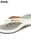 Women Outside Slippers Summer Mature Wedges Flip Flops Fashion Metal Button Platform Sandals Casual Lady Slides Beach