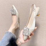 Size Baotou Sandals Women 2023 Summer New Fashion Pointed Diamond Square Buckle Fine Heel Fashion Sandals