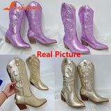 Vintage Style Western Boots For Women 2023 New Arrived Embroidery Mid Calf Boots Pointed Toe Autumn Winter Ladies