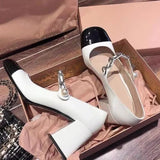 Breakj New Square Head High Heel Single Shoes JK Sweet Mary Treasure Shoes Coarse Heel Pearl Buckle Large Size Women's