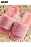 Women Warm Fluffy Slippers Cozy Faux Fur Cross Indoor Floor Slides Flat Soft Furry Ladies Female Celebrities Flip