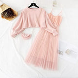 Autumn Winter Women Sweet Two Pieces Suit Knitted Sweater O Neck Sweaters and Dress Set Female
