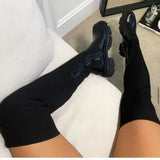 / Winter Thick Bottom Round Leather Knit Knee Boots Women's Plus Size Elastic Fly Wool Leather