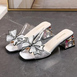 Women Sandals Pvc Crystal Flower Decoration Chunky Heel Peep Toe Brand Elegant Fashion Shoes