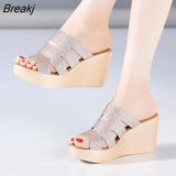 Platform Slippers Women Shoes Summer 2023 Bling High Heels Wedges Slides Ladies Slippers Gold Black Red Plus Size