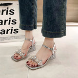 Breakj New High-Heeled Shoes Fashion Water Drill With Silver Coarse Shoes Sweet Lady Square Head Crystal