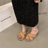 Breakj New Retro Weaving Flat Shoes Pure Color Round Head Wearing Sandals Daily Casual Fashion Commuting Slippers