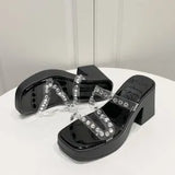 High-Heeled Water Drill Transparent Word With Slippers Women 2025 Summer New Large Code 42 Waterproof Table Thick-Soled Sandals