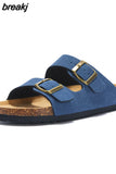 New Summer Beach Holiday Women Cork Slipper Casual Buckle Non-slip Outside Nubuck Leather Slides