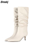 Women Mid-Calf Boots Sexy Solid Color Leather Folds Boots Pointed Toe Thin Heels Stiletto Party Shoes Large Size