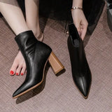 2020 New Women's Boots Fashion Ankle Boots Pointed Toe Square Heel Pu Women's Boots Black Beige Zapatos De Mujer