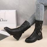 Mid-Calf Boots Plus Size 43 Women Buckle Goth Boots Female Low Square Heel Zipper Leather Flat Shoes Red Black Grey