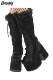 New Pink White Platform Women Knee-high Boots 2023 Winter Warm Plush Flock Gothic Style Chunky Heel Punk Women Shoes