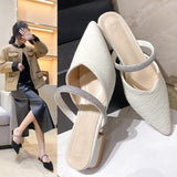 Breakj 2024 New Korean Version Of Cloth Baotou Half Drag Diamond Thick Heel Slippers Lazy Slippers Women's