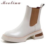 Women Shoes Genuine Leather Chelsea Boots Round Toe Ankle Boots Thick Med Heel Ladies Footwear Autumn Winter 39
