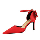 Breakj Korean Version Of Delicate High Heels Satin Hollow Shallow Mouth Tip With Hollow Bow Female