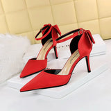 Breakj Korean Version Of Delicate High Heels Satin Hollow Shallow Mouth Tip With Hollow Bow Female