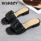 Summer Rhinestone High heels Slipper Soft Leather pumps women shoes Shallow Slip-On Peep Toe sandals women Party
