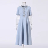 Dress Spring And Autumn Premium Sense 2025 New Diamond Round-Neck Collage Bow Fashion Design Feeling Waist Long