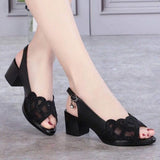 Women's Sandals Summer Mesh Fish Mouth Chunky Heel Semi-High Heeled Hollow Out Soft Bottom Mom Shoes Zapatos Para