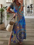 2022 New Casual Holiday Dress Summer Fashion Printed Short Sleeve Loose Dress Women Chic V-neck Split Long Skirt Dress