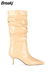 Women Mid-Calf Boots Sexy Solid Color Leather Folds Boots Pointed Toe Thin Heels Stiletto Party Shoes Large Size