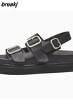 Size 35-40 Sandals Women Real Leather Shoes Summer Beach Ladies Low Heel Shoes Metal Detailed Ankle Buckle
