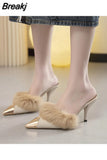 Sexy High Heels Women Fashion Fur Wedding Women Shoes 2023 New Suede Flip Flops Stiletto Pointed Toed Slippers