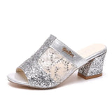 New Lady's Mesh Slippers High With Thick With Fish Mouth Hollow Out A Character Sequin Cool Drag