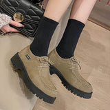 Size 34-41 Women Casual Loafers Real Leather Flats Platform Shoes For Women Chunky Heel Retro Ladies Lace-Tie