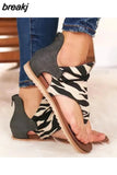 Women Summer Sandals Flowers Print Zipper Sandals Flat Open Toe Outdoor Breathable Beach Shoes Ladies Ankle Strap
