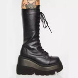 Boots Women Platform Shoes Booties Rain Combat Military Short Leather Black New Rock Punk Goth Lolita Clearance