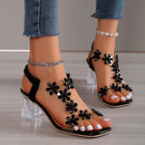 Women Sandals 2023 Summer Crystal Flower Decoration Chunky Heel Peep Toe Back Strap Elastic Band Elegant Fashion Women's